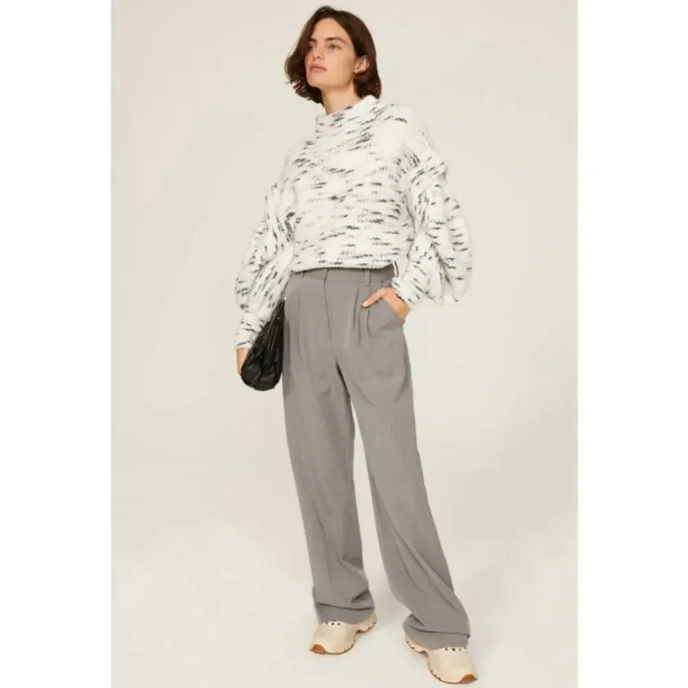 Varley Belgrave Mock Neck Ruffle Balloon Sleeve Knit Sweater Dalmation Large